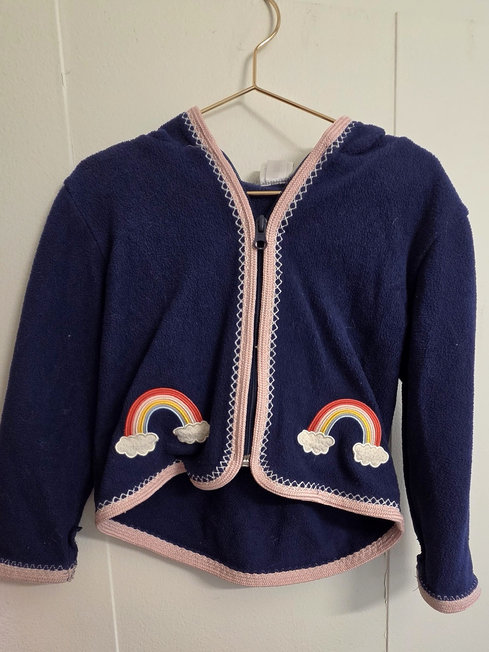 Hanna Andersson Navy Hooded Jacket with Pink Trim and Rainbow Appliqués